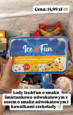 Lody Ice & Fun o smaku śmietankowo-adwokatowym z sosem o smaku adwokatowym i kawałkami czekolady promocja w Dino