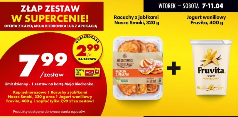 Zestaw: racuchy z jabłkami + jogurt Fruvita, 400 g promocja w Biedronka