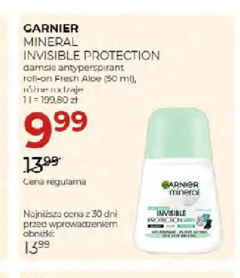 Damski antyperspirant roll-on Mineral Invisible Protection Fresh Aloe Garnier promocja w Drogerie Jawa