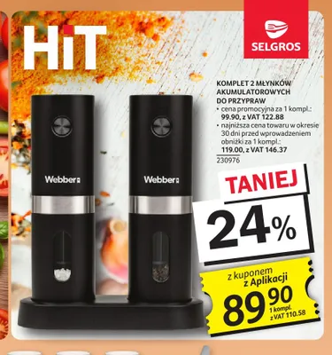 Komplet 2 młynków akumulatorowych do przypraw Webber promocja w Selgros
