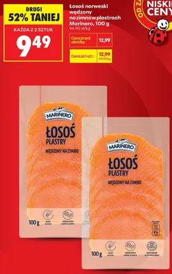 Łosoś norweski wędzony na zimno w plastrach Marinero promocja w Biedronka