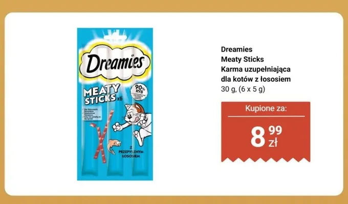 Karma dla kotów uzupełniająca Dreamies Meaty Sticks z łososiem 6-pak 5 g promocja w Biedronka