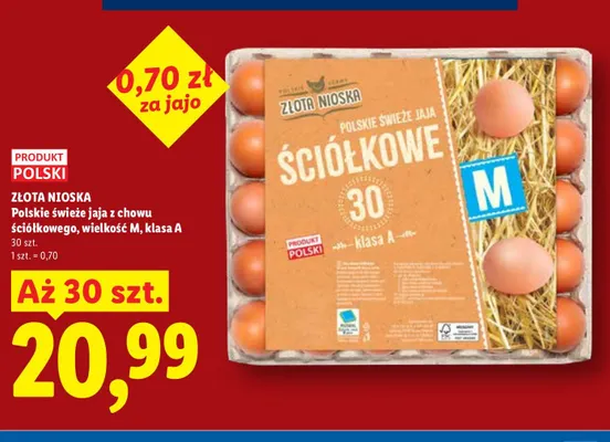 Jaja polskie świeże z chowu ściółkowego wielkość M Złota Nioska 30 szt promocja w Lidl
