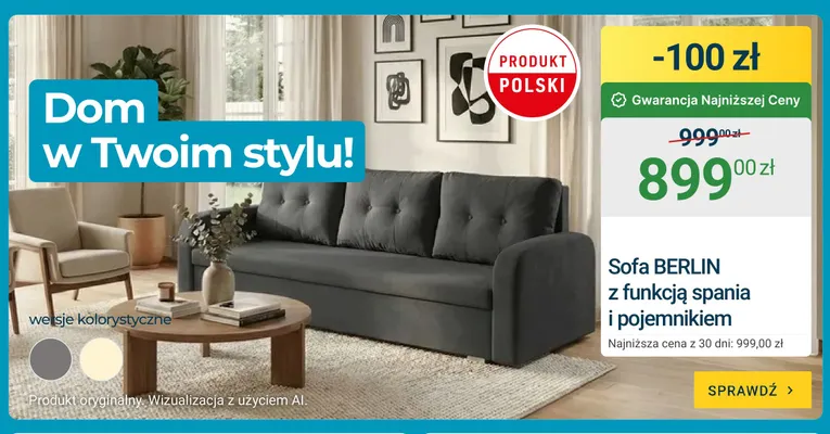 Sofa Berlin z funkcją spania i pojemnikiem promocja w ERLI