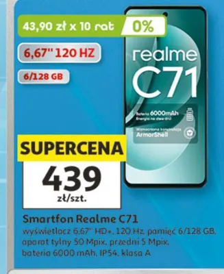 Smartfon Realme C71 wyświetlacz 6,67" HD+ 120Hz pamięć 6/128 GB aparat tylny 50 Mpix przedni 5 Mpix bateria 6000mAh IP54 klasa A promocja w Auchan