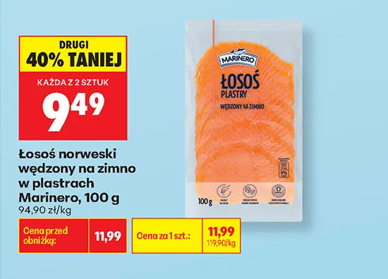 Łosoś norweski wędzony na zimno w plastrach Marinero promocja w Biedronka