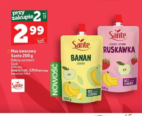 Mus owocowy Sante jabłko-banan truskawka promocja w TOPAZ
