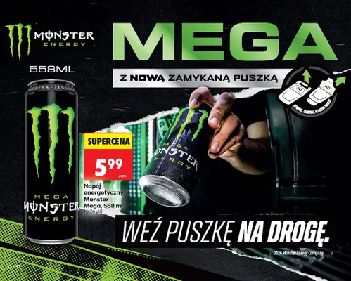 Napój energetyczny Monster Mega z nową zamykaną puszką promocja w Biedronka