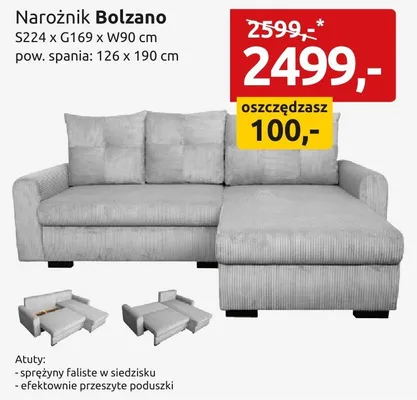 Narożnik Bolzano S224xG169xW90cm pow. spania 126x190cm promocja w Black Red White