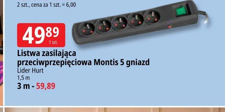 Listwa zasilająca przeciwprzepięciowa Montis 5 gniazd 3 m promocja w Leclerc