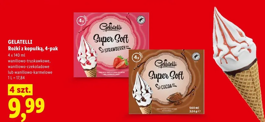 Rożki z kopułką Gelatelli waniliowo-truskawkowe 4-pak 140ml promocja w Lidl
