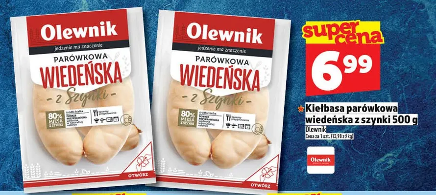 Kiełbasa parówkowa wiedeńska z szynki Olewnik promocja w TOPAZ
