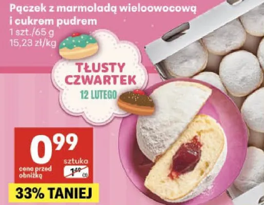 Pączek z marmoladą wieloowocową i cukrem pudrem promocja w Delikatesy Centrum