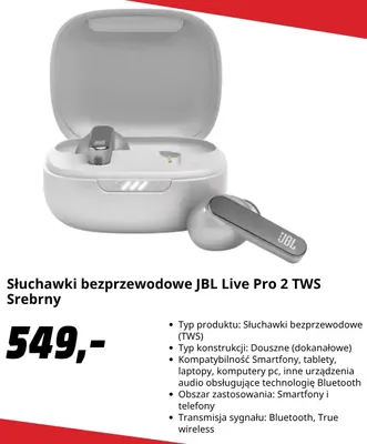 Słuchawki bezprzewodowe Jbl Live Pro 2 Tws Srebrny promocja w Media Markt