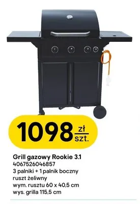 Grill gazowy Rookie 3.1 3 palniki + 1 palnik boczny ruszt żeliwny wym. rusztu 60x40,5cm wys. grilla 115,5cm promocja w Castorama