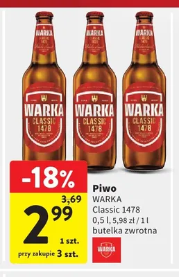 Piwo Warka Classic 1478 promocja w Intermarche