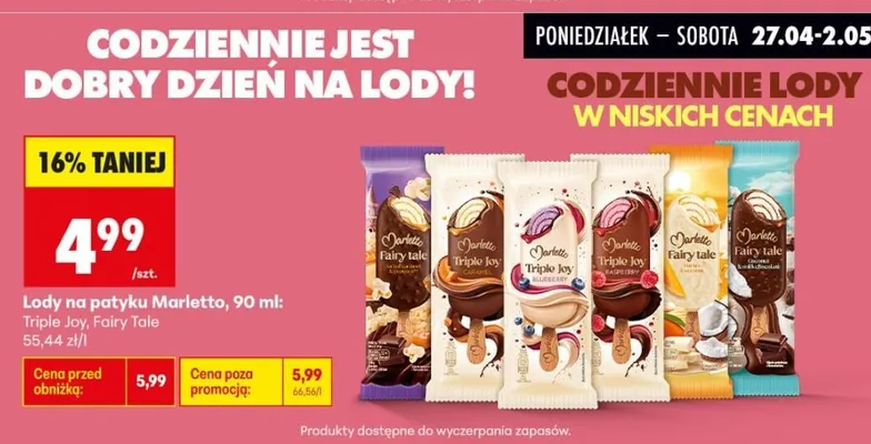 Lody na patyku Marletto Triple Joy promocja w Biedronka