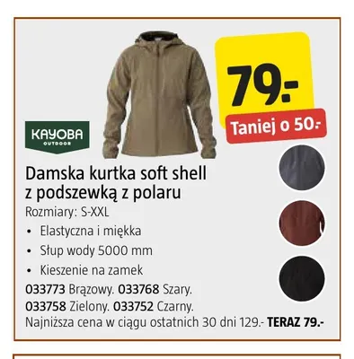 Damska kurtka soft shell z podszewką z polaru Kayoba Outdoor promocja w Jula