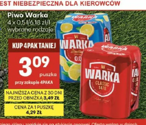 Piwo Warka 4-pak promocja w Delikatesy Centrum