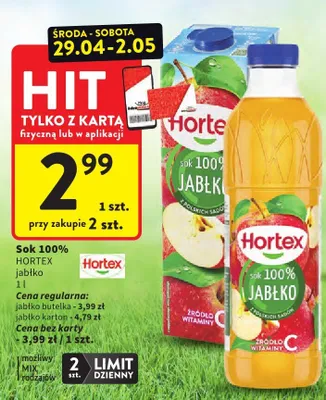 Sok 100% jabłko Hortex butelka promocja w Intermarche
