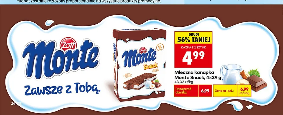 Mleczna kanapka Monte Snack 4-pak 29 g promocja w Biedronka