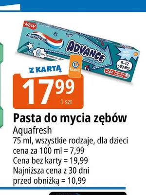 Pasta do mycia zębów Aquafresh Advance promocja w Leclerc