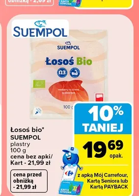Łosoś bio wędzony na zimno w plastrach Suempol promocja w Carrefour Market