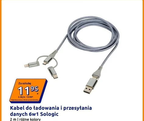 Kabel do ładowania i przesyłania danych 6w1 Sologic 2 m promocja w Action