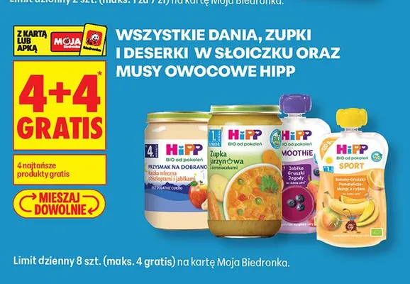 Dania, zupki i deserki w słoiczku oraz musy owocowe HiPP promocja w Biedronka