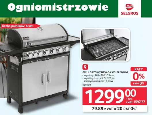 Grill gazowy Nevada XXL Premium 140x108x53cm, wymiary rusztu: 77x37,5cm, moc: 12,6kW, 6 palników, 639950 promocja w Selgros