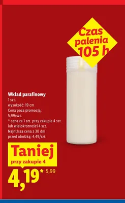 Wkład parafinowy czas palenia 105h 19 cm promocja w Lidl