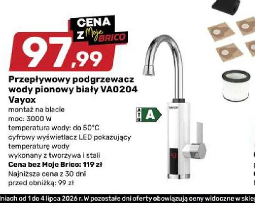 Przepływowy podgrzewacz wody pionowy biały VA0204 Vayox promocja w Bricomarche