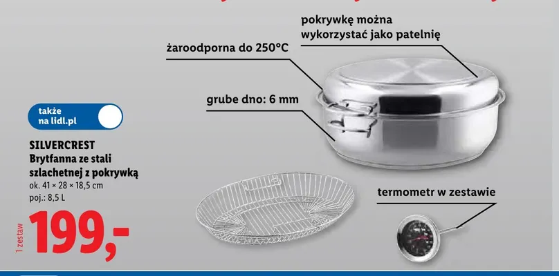 Brytfanna ze stali szlachetnej z pokrywką Silvercrest 41x28x18,5 cm promocja w Lidl