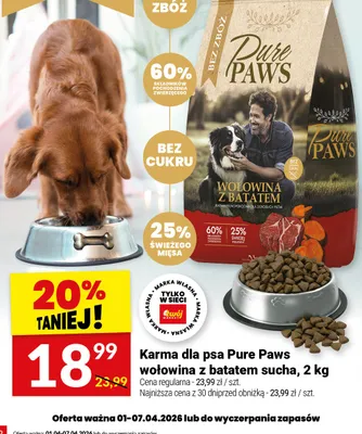 Karma dla psa Pure Paws wołowina z batatem sucha promocja w Twój Market