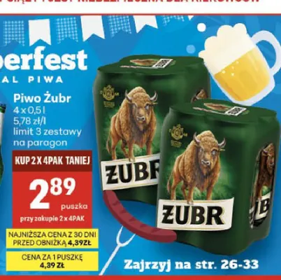 Piwo Żubr 4-pak 500 ml promocja w Delikatesy Centrum