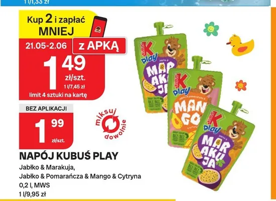 Napój Kubuś Play Jabłko & Marakuja promocja w Chorten