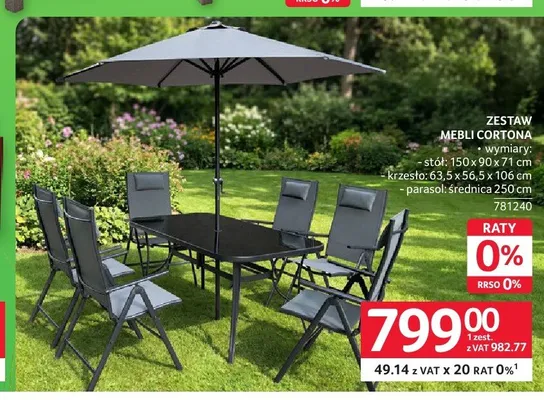 Zestaw mebli Cortona stół 150x90x71cm krzesło 63,5x56,5x106cm parasol średnica 250cm promocja w Selgros