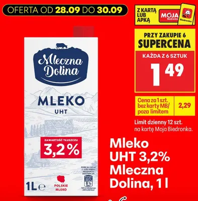 Mleko UHT Mleczna Dolina 3,2% promocja w Biedronka