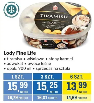 Lody Fine Life tiramisu wiśnie słony karmel adwokat owoce leśne promocja w Makro