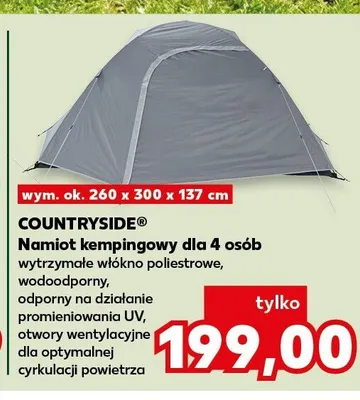 Namiot kempingowy dla 4 osób COUNTRYSIDE wytrzymałe włókno poliestrowe, wodoodporny, odporny na działanie promieniowania UV, otwory wentylacyjne dla optymalnej cyrkulacji powietrza wym. ok. 260x300x137cm promocja w Kaufland