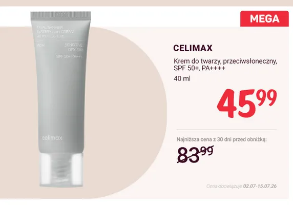 Krem do twarzy przeciwsłoneczny Celimax SPF 50+ PA++++ promocja w Rossmann