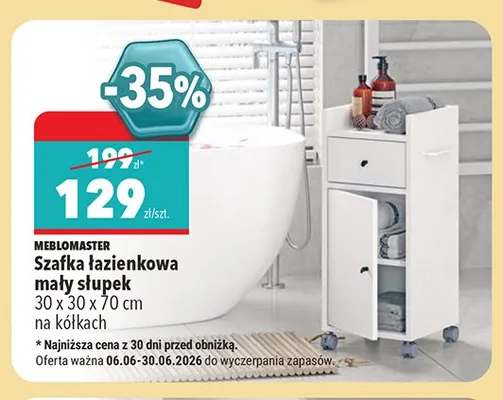 Szafka łazienkowa mały słupek na kółkach Meblomaster 30x30x70 cm promocja w Biedronka