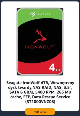 Wewnętrzny dysk twardy Seagate IronWolf 4TB promocja w Amazon