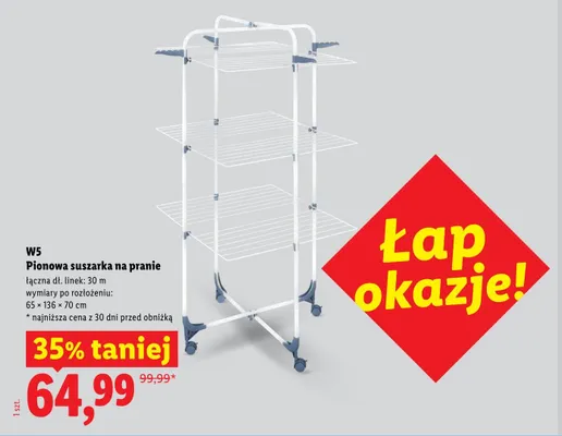 Pionowa suszarka na pranie W5 łączna dł. linek 30m 65x136x70cm promocja w Lidl