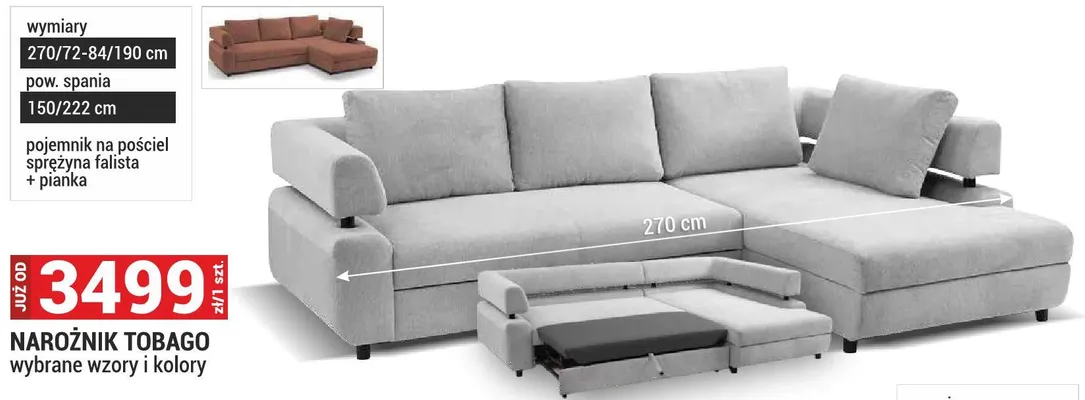 Narożnik Tobago 270/72-84/190cm wybrane wzory i kolory promocja w Merkury Market