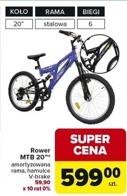 Rower MTB 20" amortyzowana rama, hamulce V-brake promocja w Carrefour Market