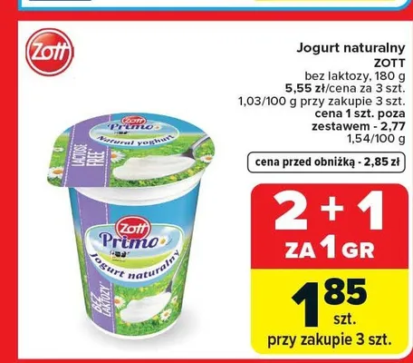 Jogurt naturalny bez laktozy Zott promocja w Carrefour