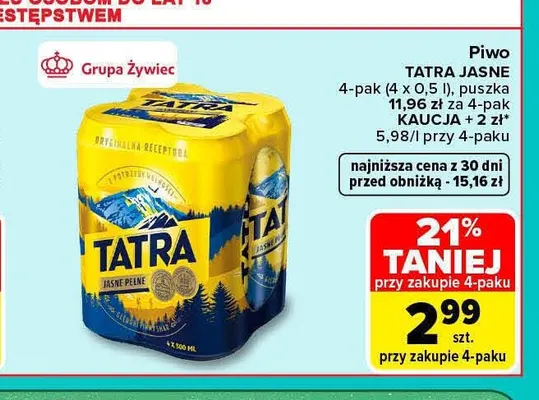 Piwo Tatra 4-pak 500 ml promocja w Carrefour
