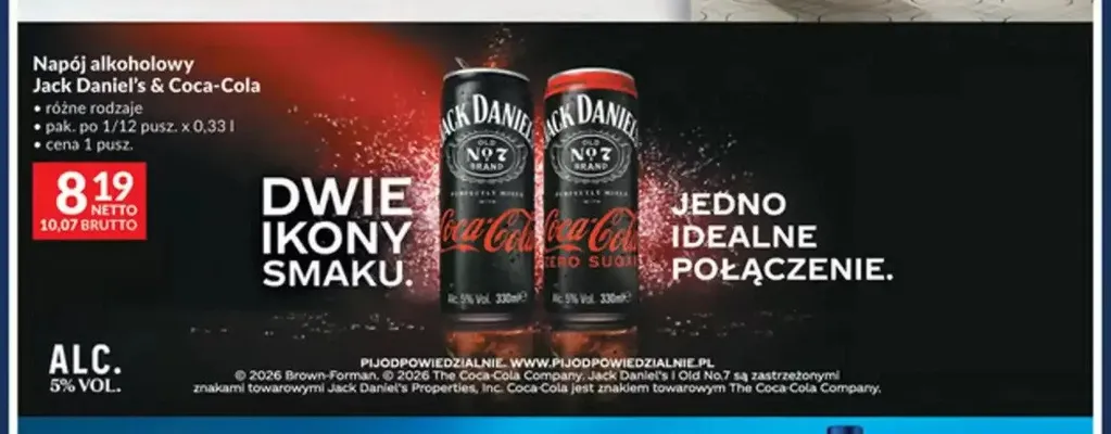 Napój alkoholowy Jack Daniel's & Coca-Cola Zero Sugar promocja w Makro