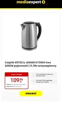 Czajnik KT300X Inox 2200W pojemność 1.7L filtr antywapienny Götze & Jensen promocja w Media Expert